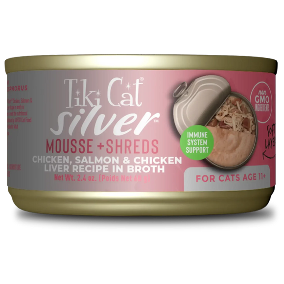 Tiki Cat® Silver™ Mousse & Shreds Chicken, Salmon & Chicken Liver Recipe Wet Cat Food
