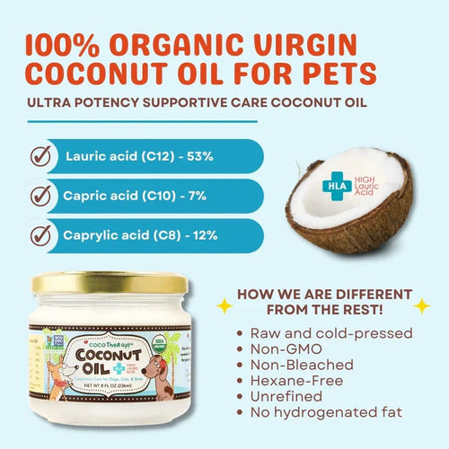 CocoTherapy Virgin Coconut Oil USDA Certified Organic Coconut Oil for Dogs, Cats, & Birds (8 oz Glass Jar)