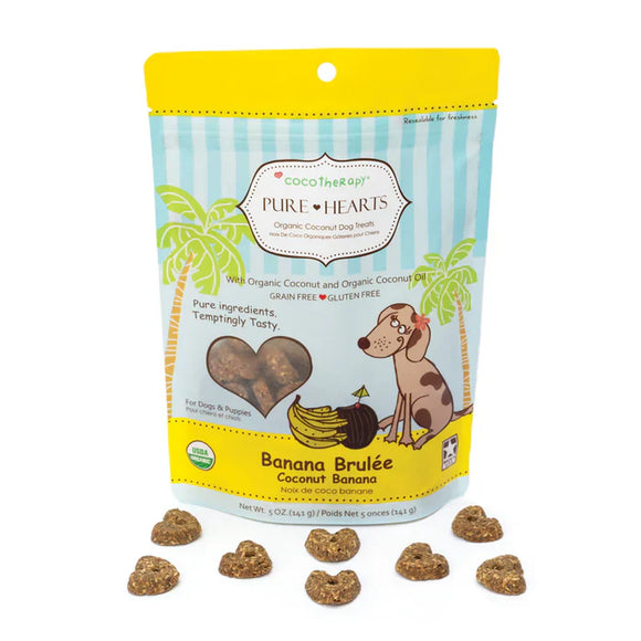 CocoTherapy Pure Hearts Coconut Cookies Banana Brulée - Organic Treat for Dogs (5 oz)