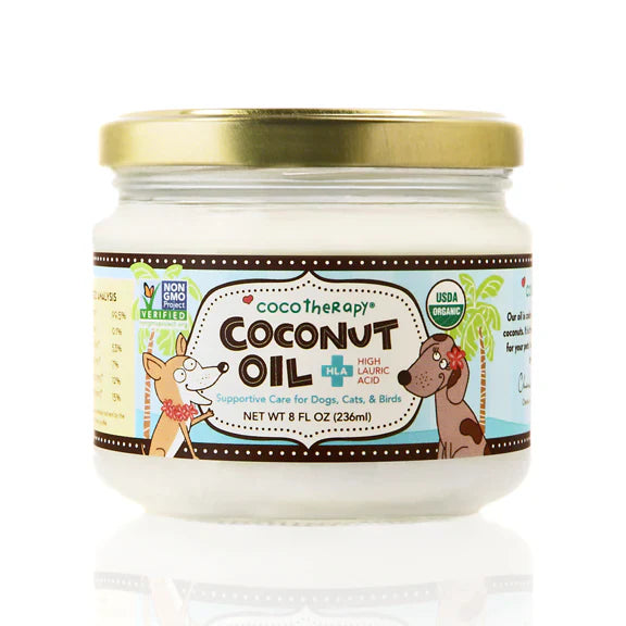 CocoTherapy Virgin Coconut Oil USDA Certified Organic Coconut Oil for Dogs, Cats, & Birds (8 oz Glass Jar)