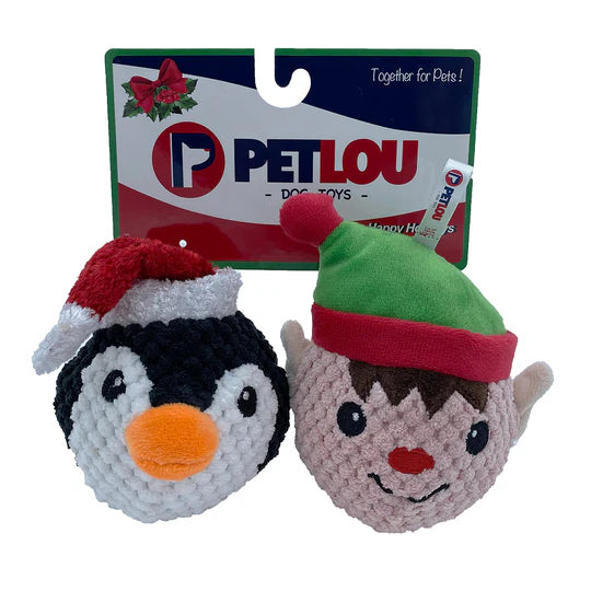 PetLou Christmas EZ Squeaky Twin Pack Ball - Penguin & Elf Dog Toys