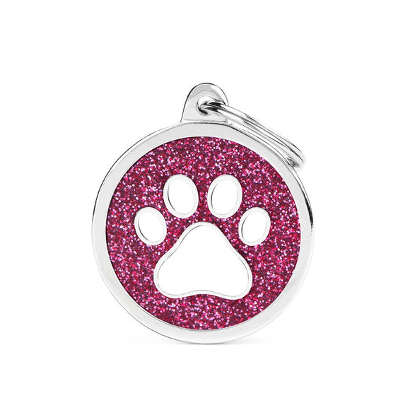 MyFamily Shine Big Pink Glitter Circle White Paw ID Tag (Grande, Pink)