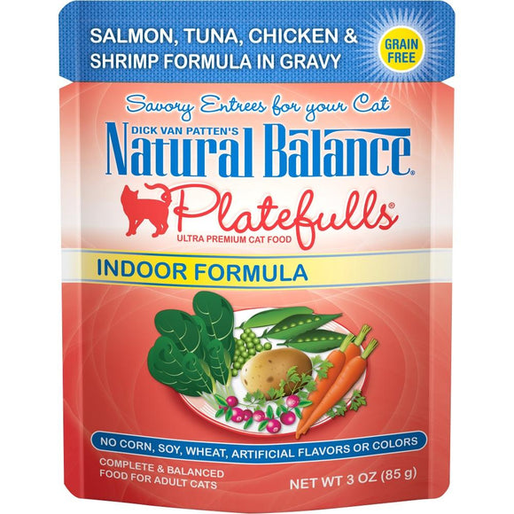 Natural Balance Platefulls Indoor Grain Free Salmon Tuna Chicken and Shrimp in Gravy Pouch Wet Cat Food