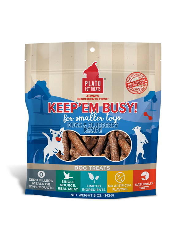 Plato Keep’Em Busy Duck & Blueberry Meat Sticks for Smaller Toys