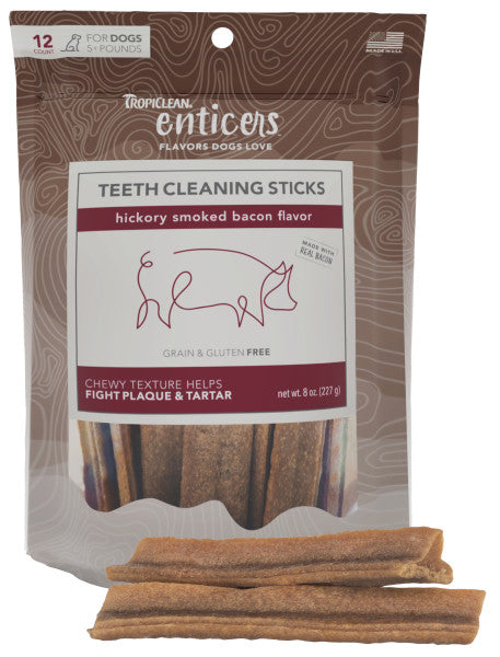 TropiClean Enticers Teeth Cleaning Hickory Smoked Bacon Flavor Sticks for Dogs
